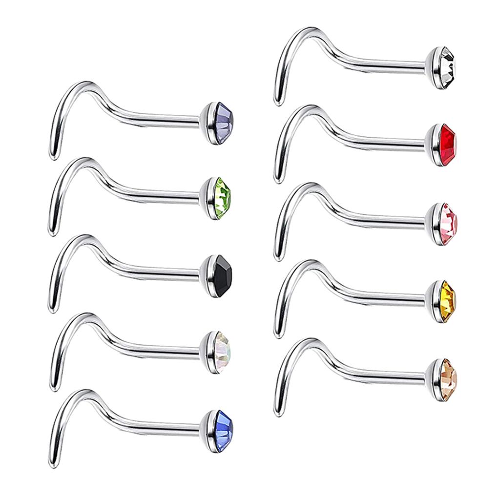 10pcs Nose Studs Rings Rhinestone Stainless Steel Body Piercing Rings