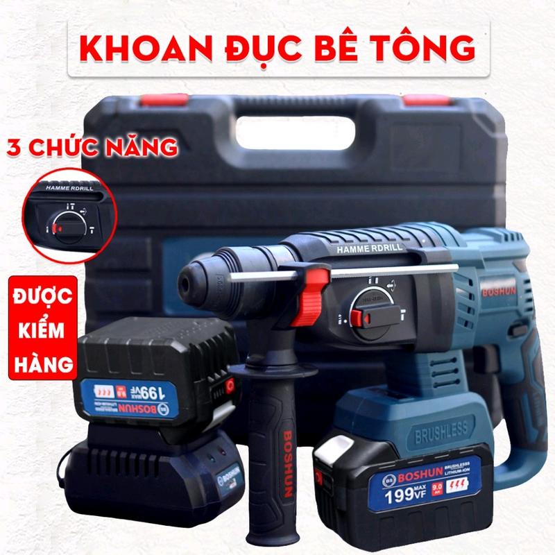 Máy Khoan Đục Bê Tông 3 Chức Năng Boshun 21V, Pin 15 cell 100% Ruột Động, Động Cơ Không Chổi Than