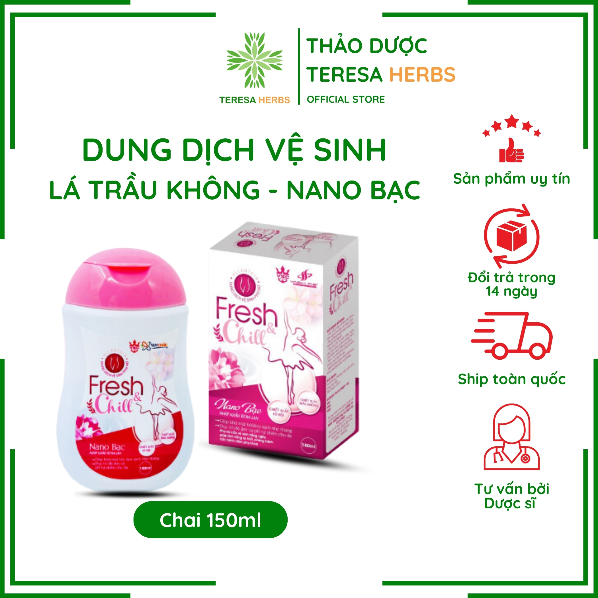 Dung dịch vệ sinh phụ nữ Nano bạc lá trầu không hỗ trợ điều trị viêm nhiễm phụ khoa Fresh&amp;Chill chai 150ml
