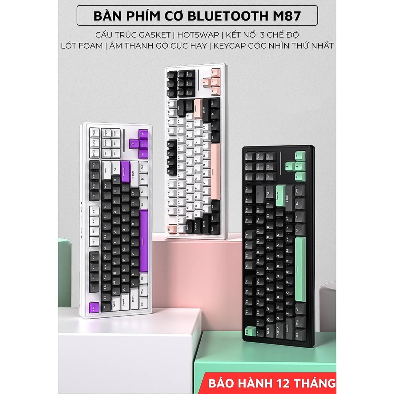 Bàn phím cơ gaming bluetooth Vinetteam M87 LED RGB bàn phím cơ không dây có Hotswap, White Switch, 3 Chế Độ Kết Nối tương thích với hệ điều hành MAC, Windows, và Android - hàng chính hãng