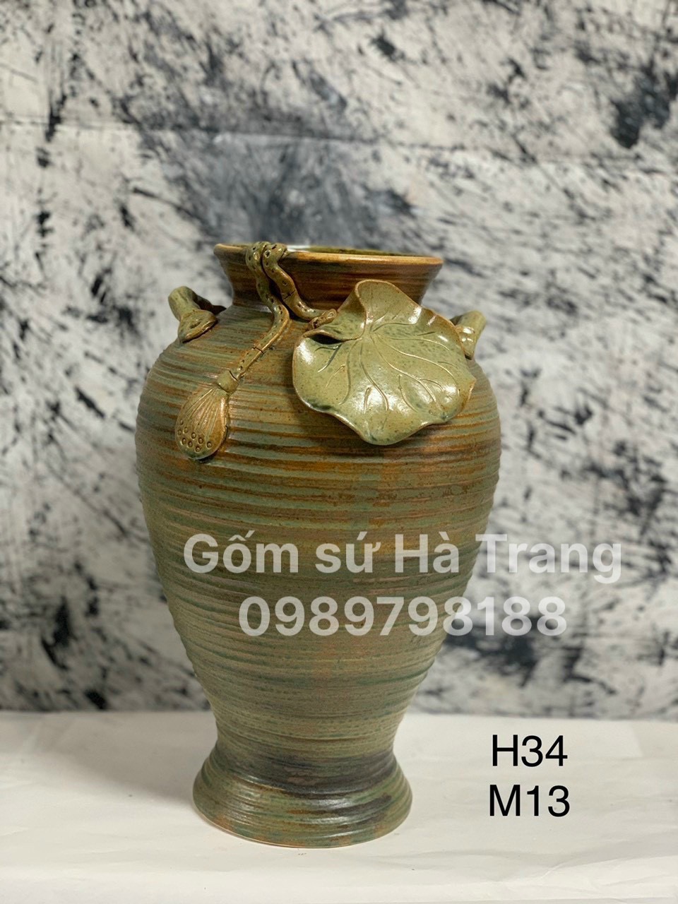 Lọ hoa gốm sứ Bát Tràng cao cấp họa tiết đắp nặn thủ công cao 34cm