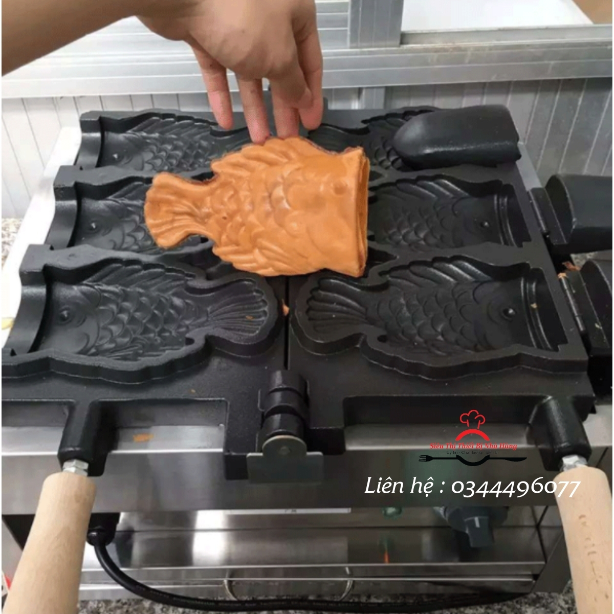 Máy làm bánh cá đựng kem 3 con, bánh hình con cá TAIYAKI đựng kem có mặt máy chống dính, chất lượng