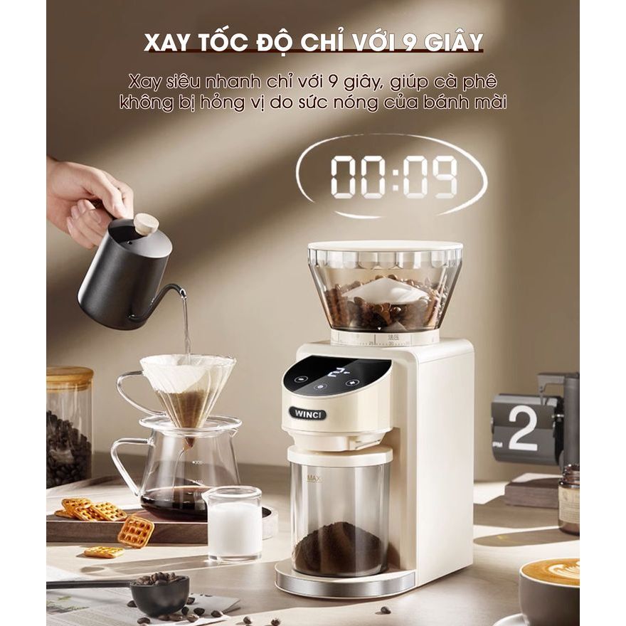 Máy xay hạt cafe Winci, 35 chế độ xay, màn hình cảm ứng, xay mịn - Hàng chính hãng