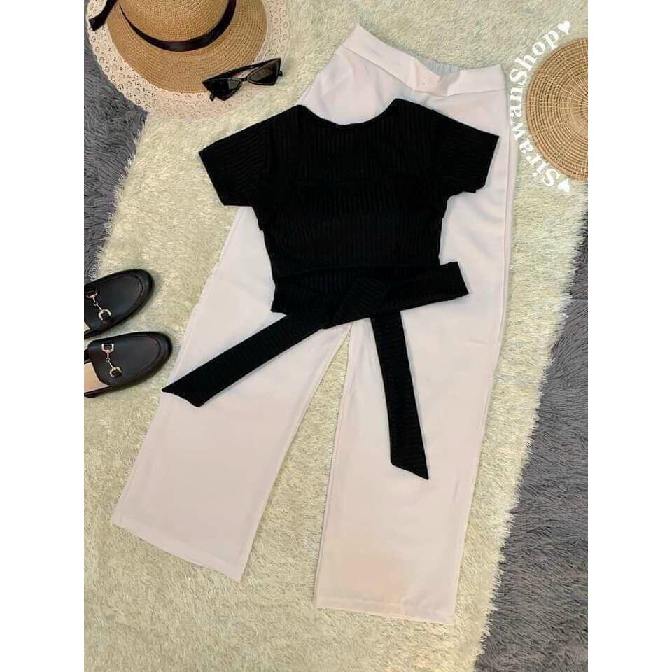 Set bộ phối áo cột nơ quần ống rộng dễ thương cho nàng dạo phố đi chơi