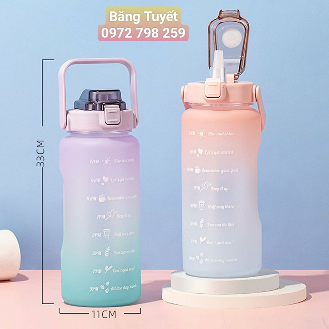 Bình đựng nước 2 lít có ống hút dễ thương có vạch chia giờ uống nước