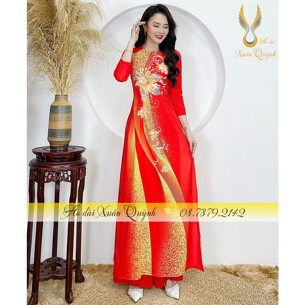 Áo Dài Họa Tiết Dải Hoa Kim Cương Phối Chấm Bi Nổi Bật, Sang Trọng, Duyên Dáng Lụa Habutai Cao Cấp K97