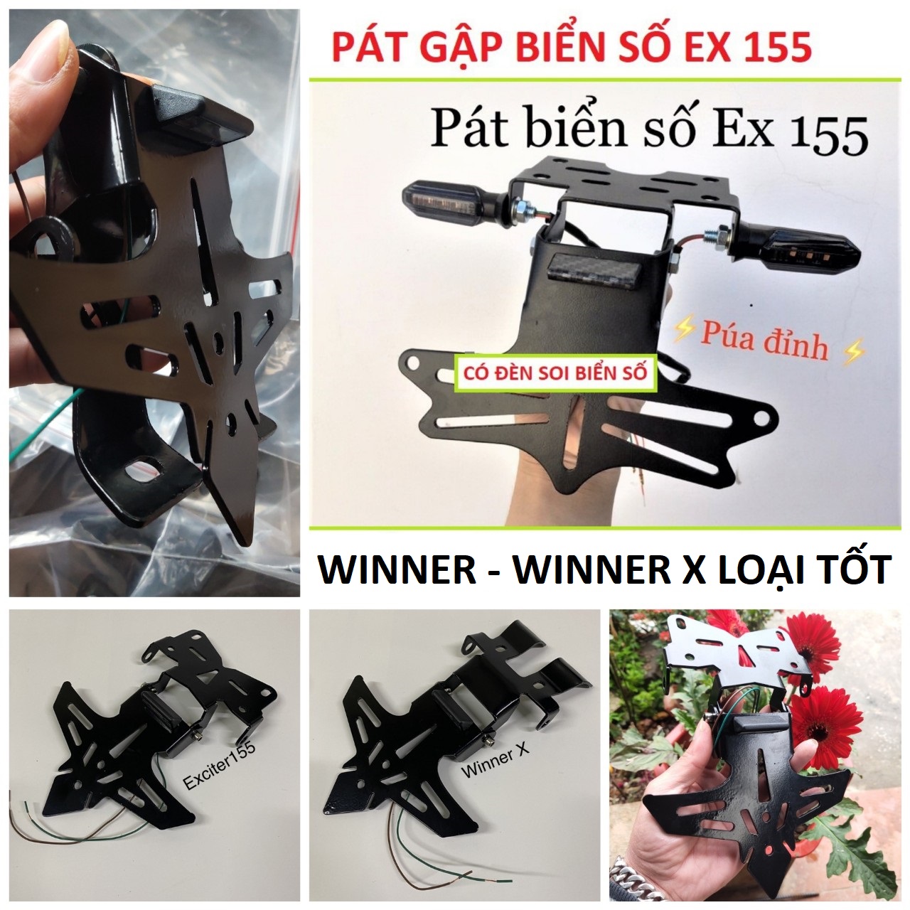 Bộ pát biển số gập EX 155 , 150 , Winner x - winner mẫu mới loại dày đẹp có đèn soi biẻn hàng cao câp chống rung lắc