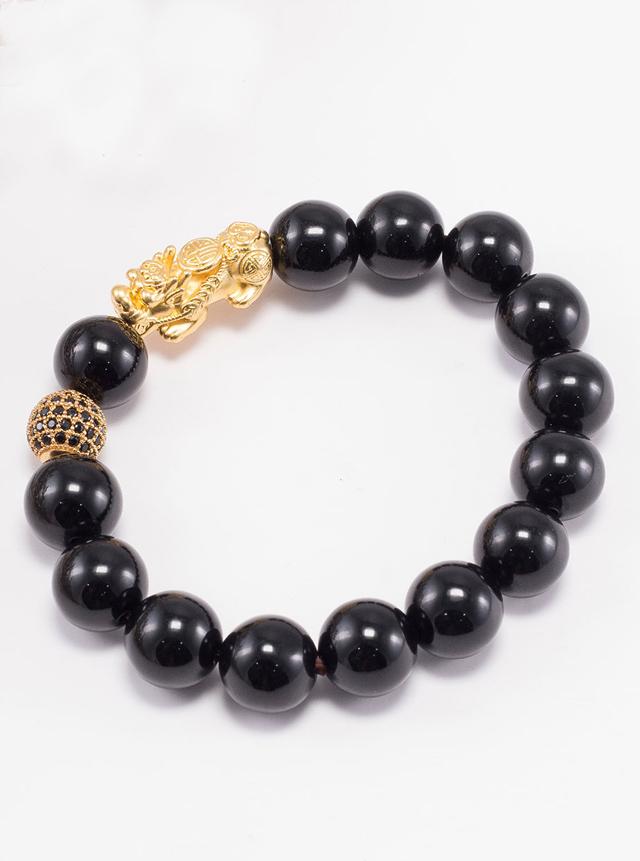 Vòng Tay Nam Đá Obsidian Phối Tỳ Hưu Bạc Mạ Vàng 24K Ngọc Quý Gemstones