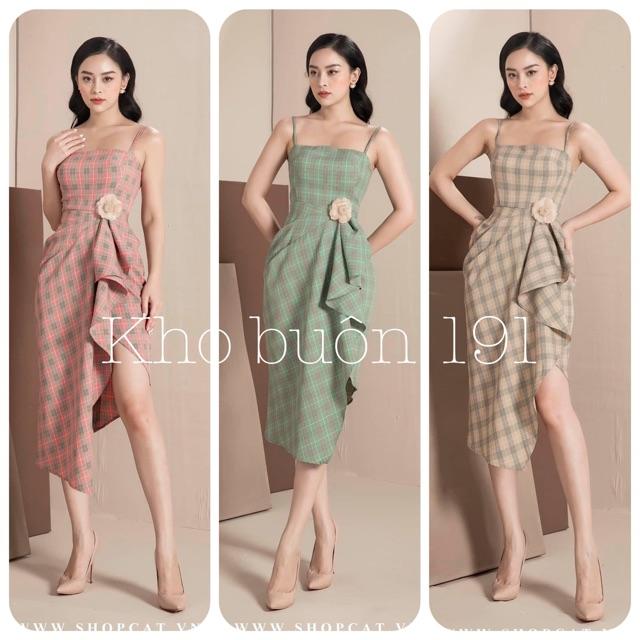 Đầm 2 Dây Cúp Ngực Kẻ Sọc Xẻ Tà Trước - Hàng Thiết Kế