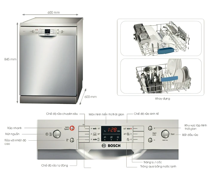 Máy Rửa Chén Độc Lập Bosch HMH.SMS63L08EA - 12 Bộ - 6 Chương Trình Rửa - Hàng Chính Hãng