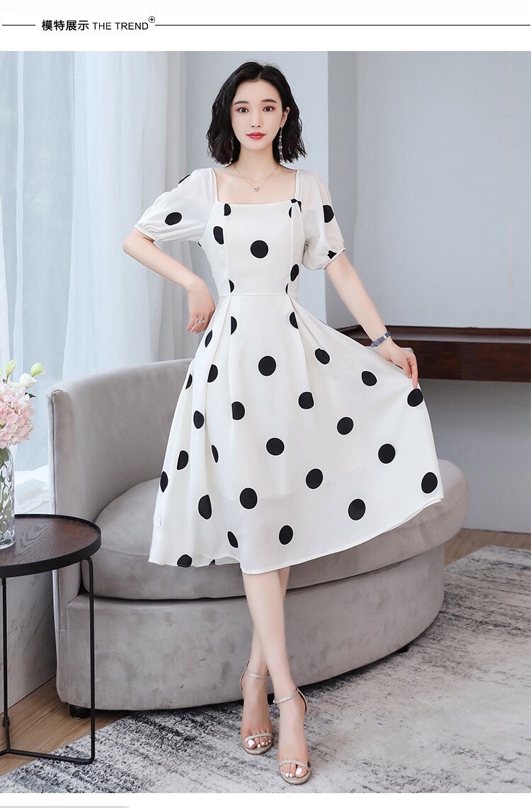 Đầm xòe midi cổ vuông chấm bi vintage - VN23190