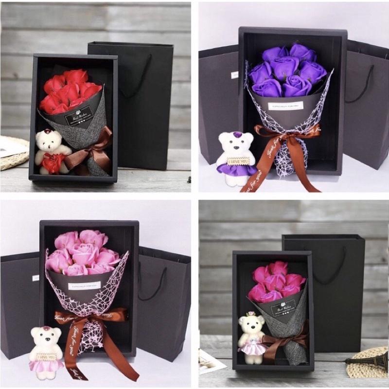 Hoa Hồng Sáp Thơm Bó 7 Bông Kèm Gấu Làm Quà Tặng Cực Lãng Mạng Có Hộp Sang Trọng Kèm Túi Đựng