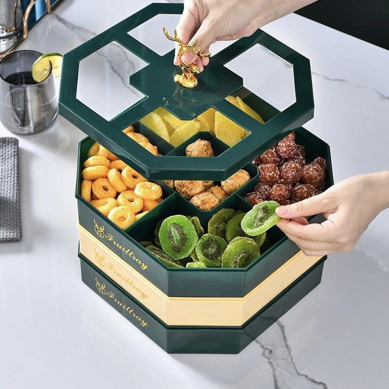Khay mứt 3 tầng tay cầm hình con hươu sang trọng màu xanh ngọc