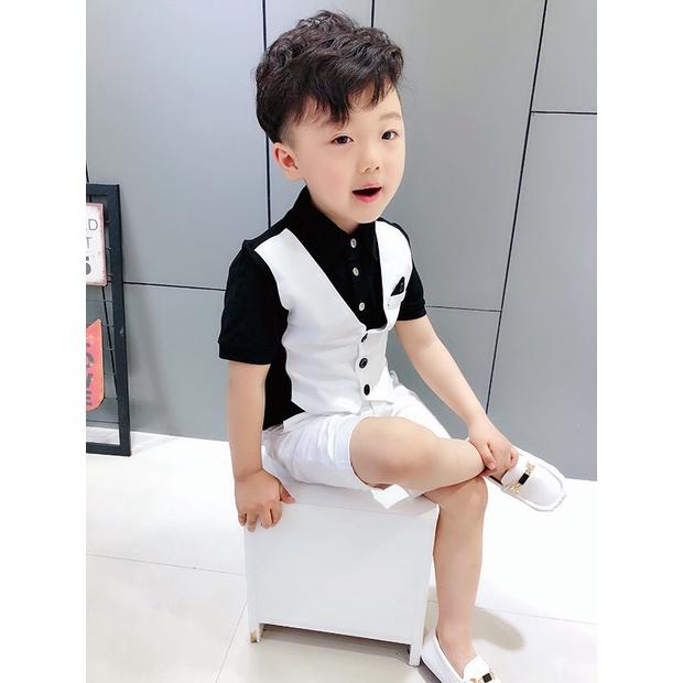 Bộ quần áo thun cộc tay cho bé.Trước áo được may giả gile, áo cho bé- h64
