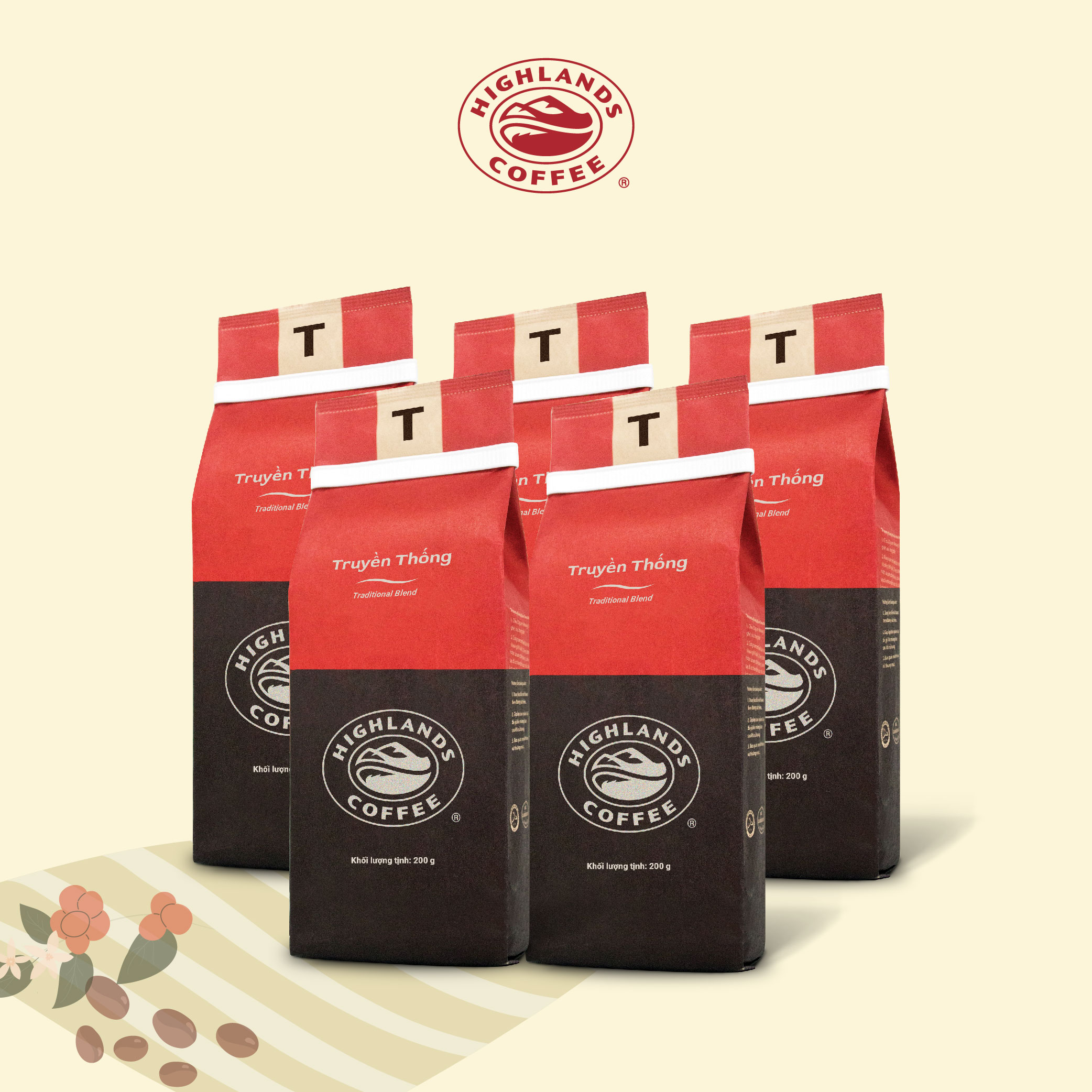 Combo 5 gói Cà Phê Rang Xay Truyền Thống Highlands Coffee (200g)