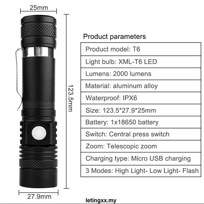 Đèn Pin Led T6 18650 Sạc Usb Tiện Dụng Cho Hoạt Động Ngoài Trời