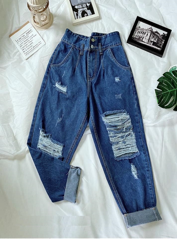 Quần baggy jean nữ rách gối lưng kiểu phối 2 nút