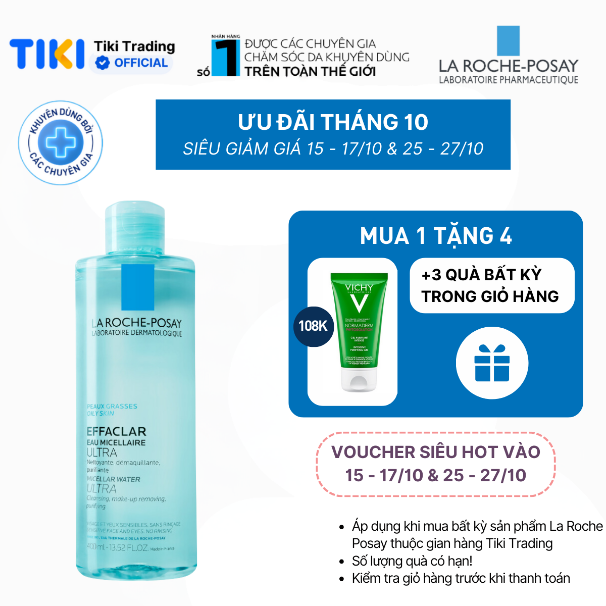 Nước làm sạch sâu và tẩy trang dành cho da mụn, da dầu nhạy cảm La Roche-Posay Effaclar Micellar Water 400ml