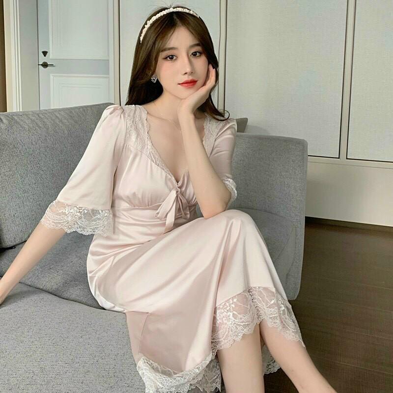 Váy ngủ trắng sang trọng dáng dài phối ren mềm mại thoáng mát - Đầm ngủ cao cấp dáng dài lụa cao cấp