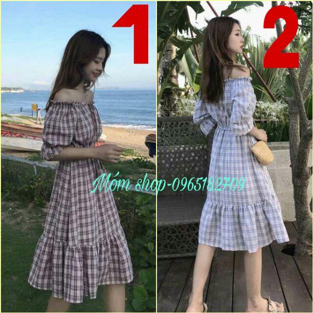 Váy trễ vai đuôi cá caro thắt eo xinh xắn