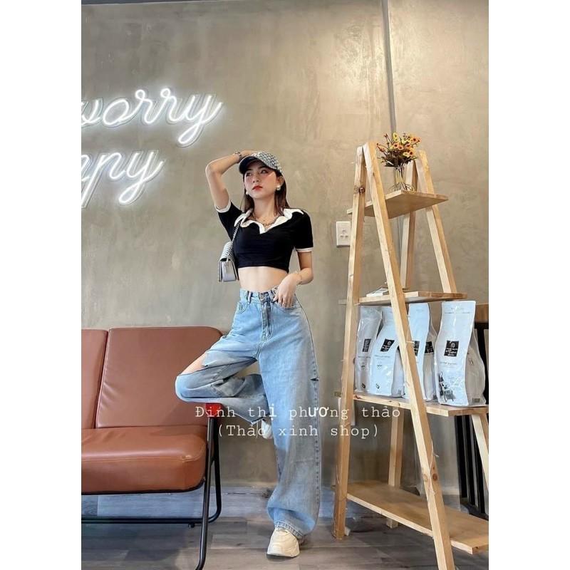 Quần baggy jeans ống rộng quần chất jeans có giãn -T