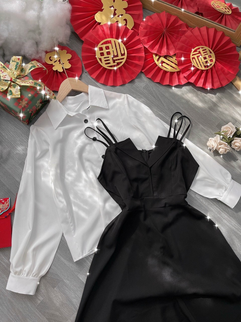 SET ĐẦM DÀI DÂY SUÔNG TRƠN + ÁO SƠ MI TRẮNG DẠO PHỐ DỰ TIỆC GIÁNG SINH NOEL