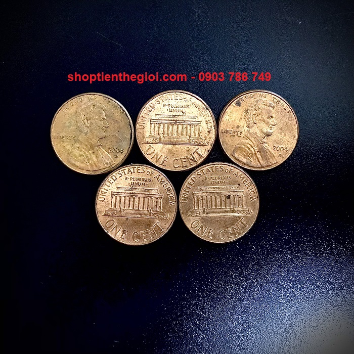 Sưu Tầm  Xu Thế Giới - Combo 5 Xu USA - Mỹ 1 Cent 1982 - 2008 (Lincoln), xu sưu tầm phong thuỷ quà tặng - SP005567