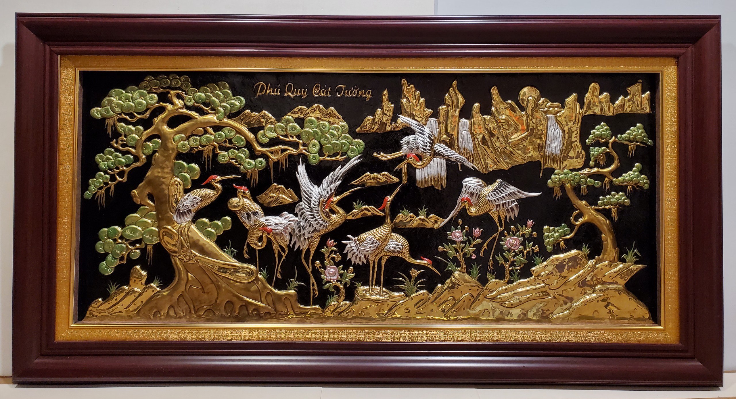 Tranh đồng vàng nguyên chất liền tấm-Song Tùng Bát Hạc-Phú Quý Cát Tường-A054