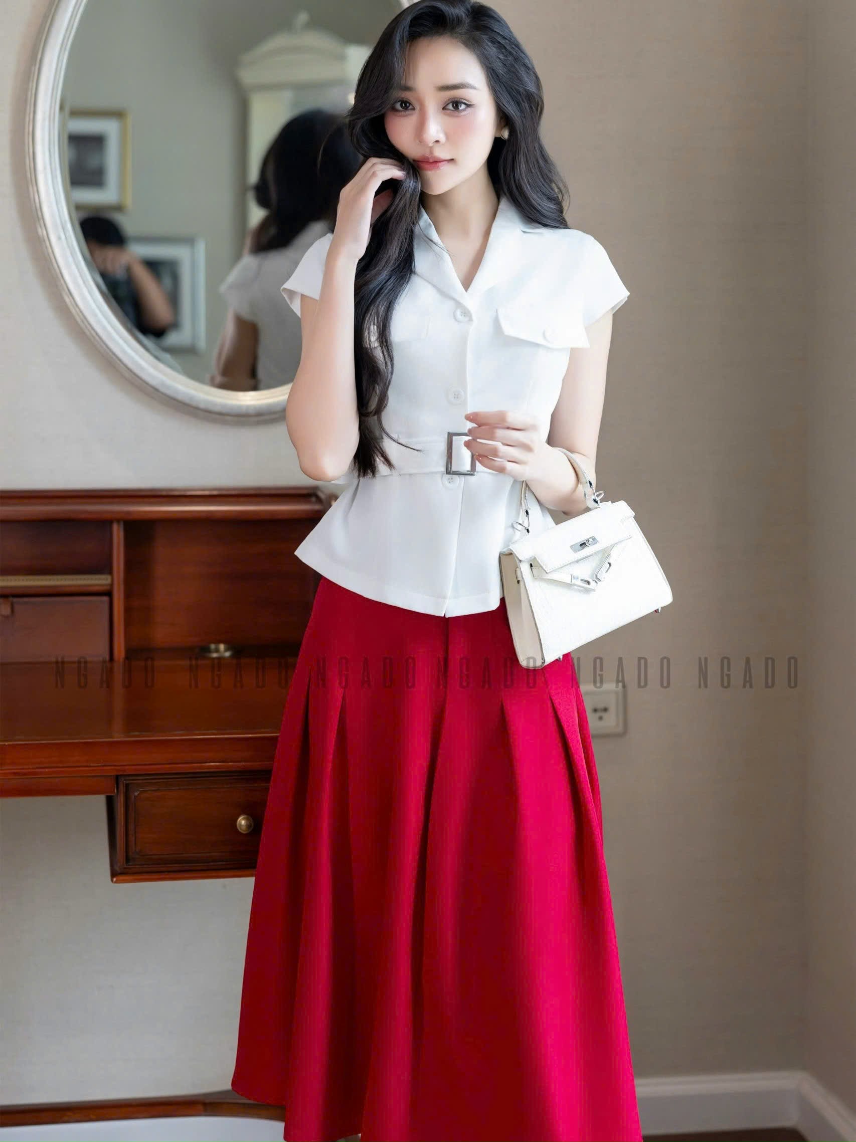Set áo váy vest trắng đỏ NGADO , set áo váy vest , set công sở