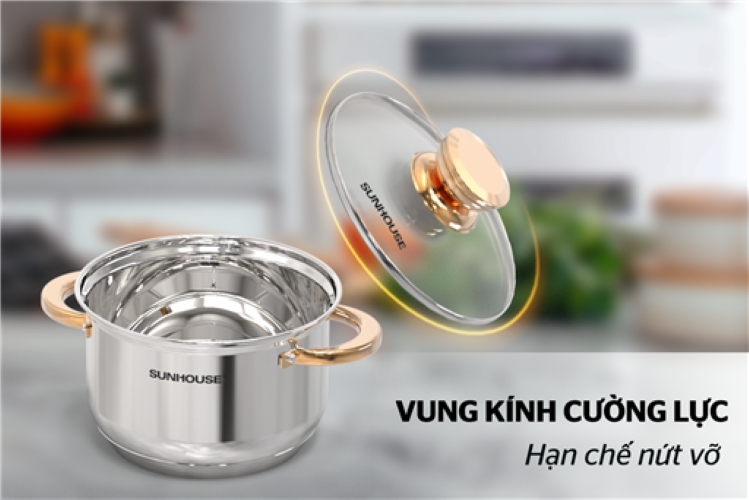 Bộ nồi chảo inox 5 đáy Sunhouse SHG789 - quai chống nóng mạ vàng - Hàng chính hãng