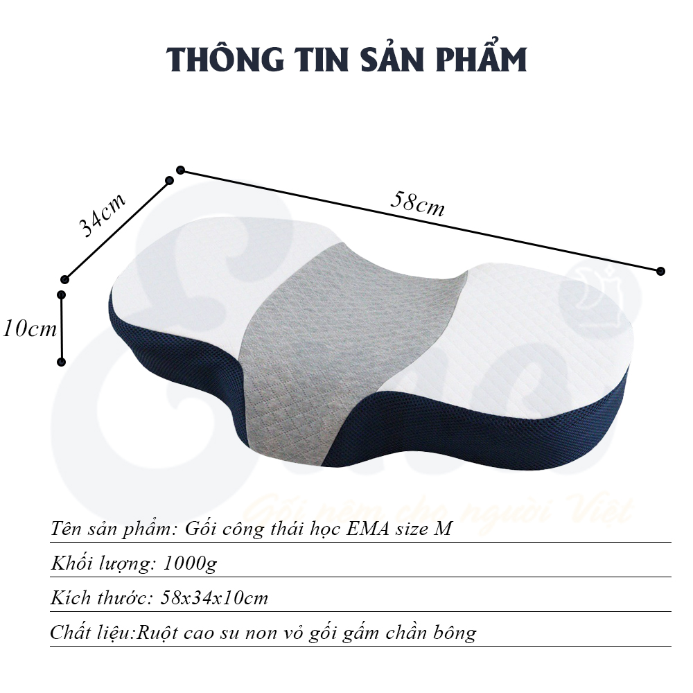 Gối công thái học EMA chống đau mỏi cổ vai gáy chất liệu Memory Foam cao cấp - Kích thước 58x34x10cm