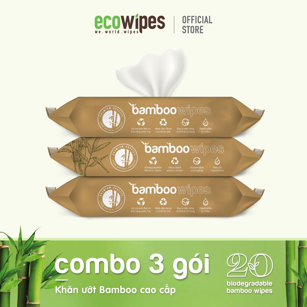 Combo 03 gói khăn giấy ướt cao cấp EcoWipes Bamboo gói 20 tờ vải sợi tre sinh thái không mùi có thể phân hủy