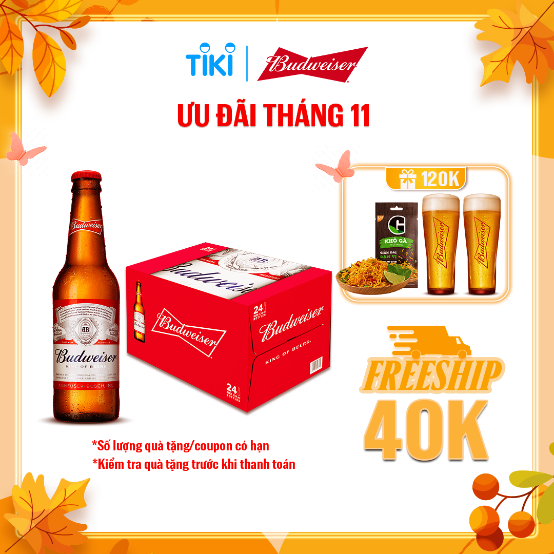 Thùng 24 Chai Bia Budweiser Chính Hãng (330ml/Chai)