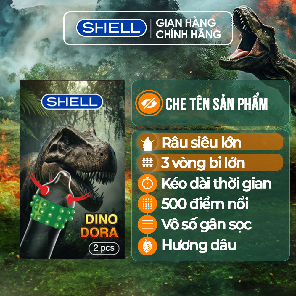 Bao cao su Shell Dino Dora - 1 bao gai, 3 vòng bi + 1 bao Shell Performax (Hộp 2 cái) | SHELL CHÍNH HÃNG