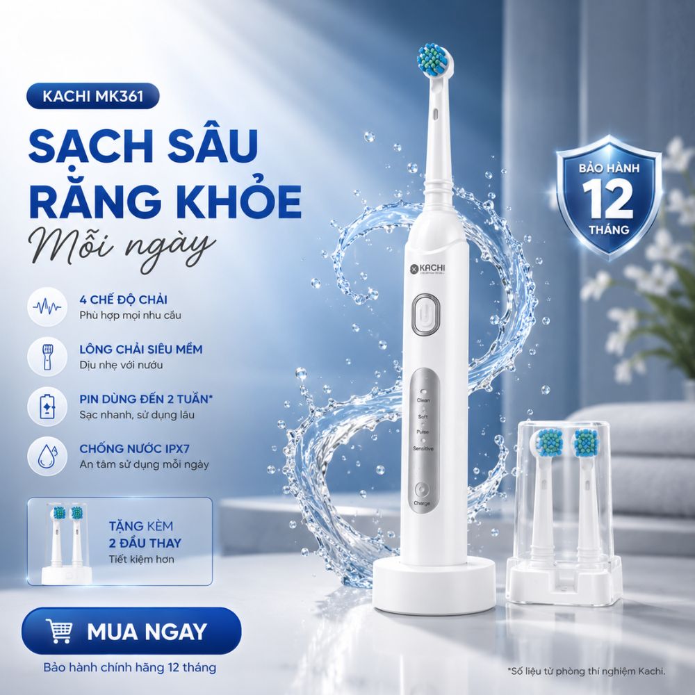 Bàn chải điện đầu xoay tròn Kachi MK361 kèm đế sạc không dây và 2 đầu bàn chải