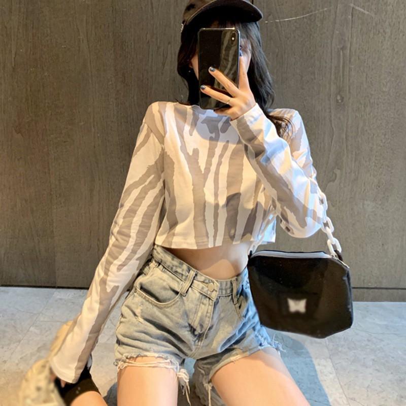 Áo crop top thời trang cho phái nữ tay dàI dáng rộng họa tiết sọc ngựa vằn
