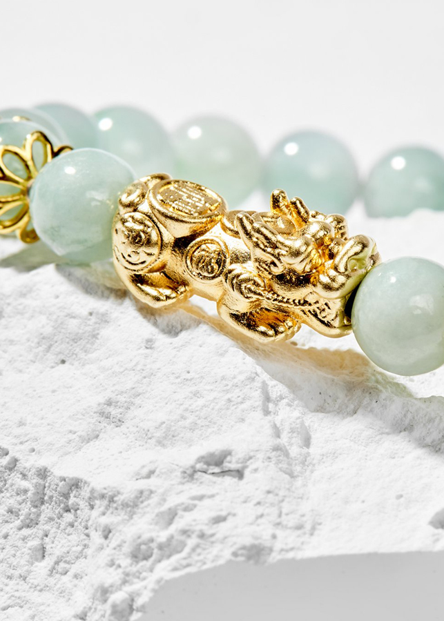 Vòng Tay Phong Thủy Nữ Đá Cẩm Thạch Phỉ Thúy Phối Charm Tỳ Hưu Mạ Vàng 24K Mệnh Mộc, Hỏa Ngọc Quý Gemstones