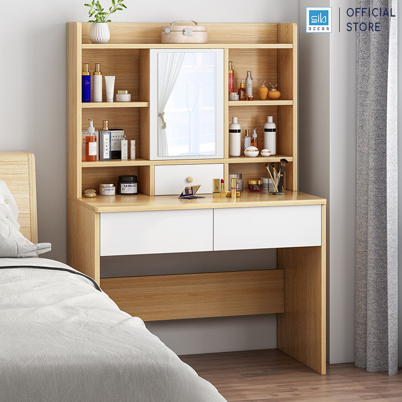 Bàn Trang Điểm, Làm Việc Đa Năng Hiện Đại Cỡ Lớn Thương Hiệu Sib Decor Tặng Kèm Ghế Btd11 - Vân Gỗ Sồi Vàng - Trắng