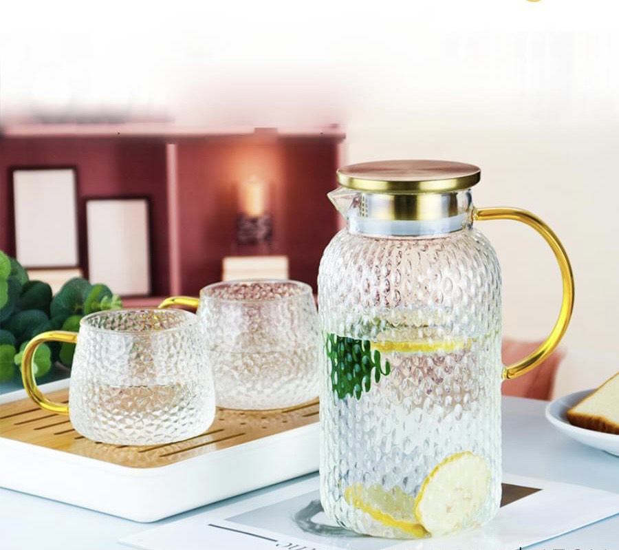 Bình thủy tinh đựng nước vân nhám chịu nhiệt lên tới 400 độ C dáng tròn cao nắp inox 1,8l - ANTH324