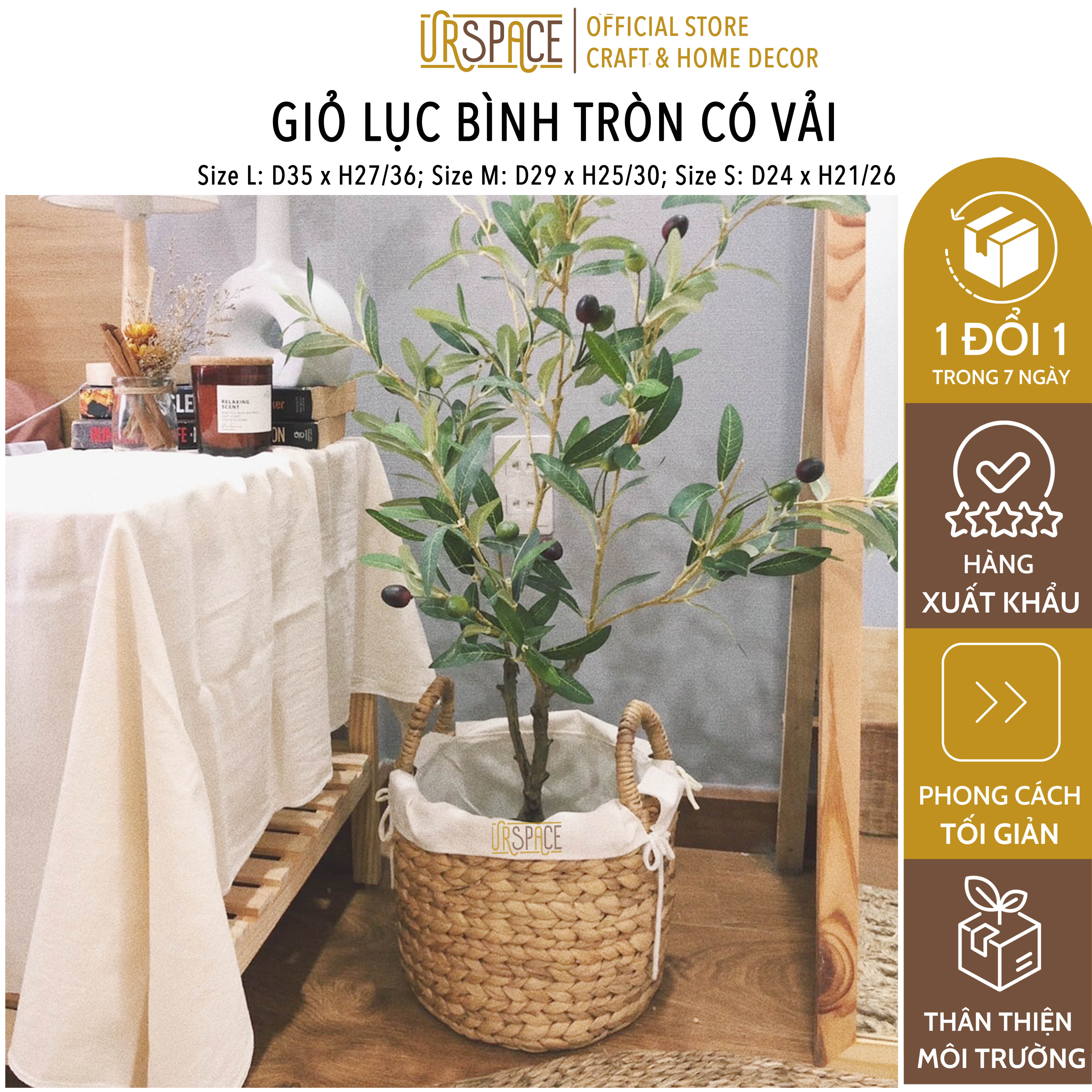 Giỏ lục bình trồng cây, đựng đồ có vải lót URSPACE hình tròn có quai cầm / ROUND HYACINTH STORAGE BASKET