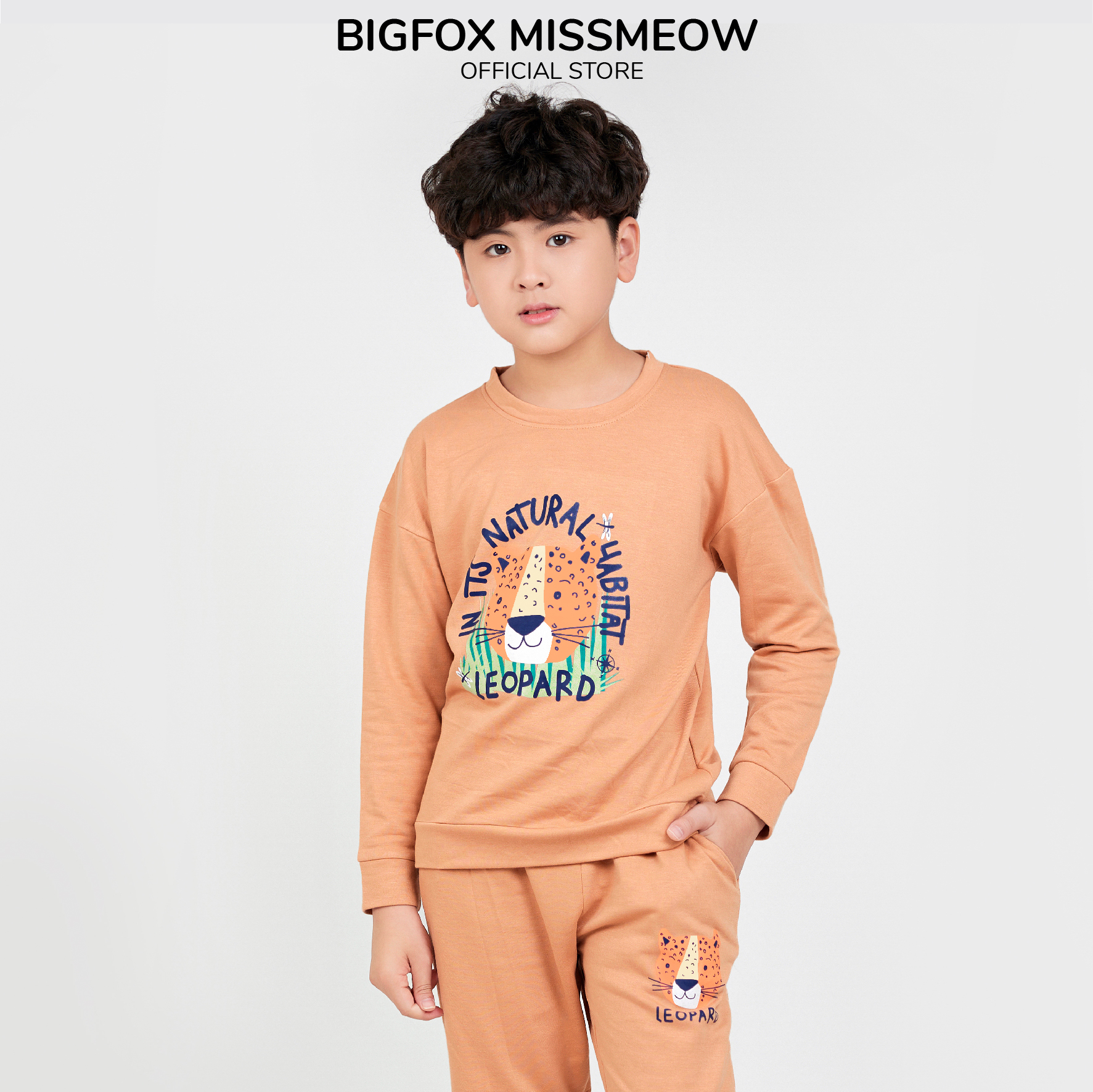 Bộ nỉ bé trai Bigfox Miss Meow dài tay mùa thu đông phong cách Hàn Quốc, size đại trẻ em 3,5,9,11 tuổi 25kg, 39kg