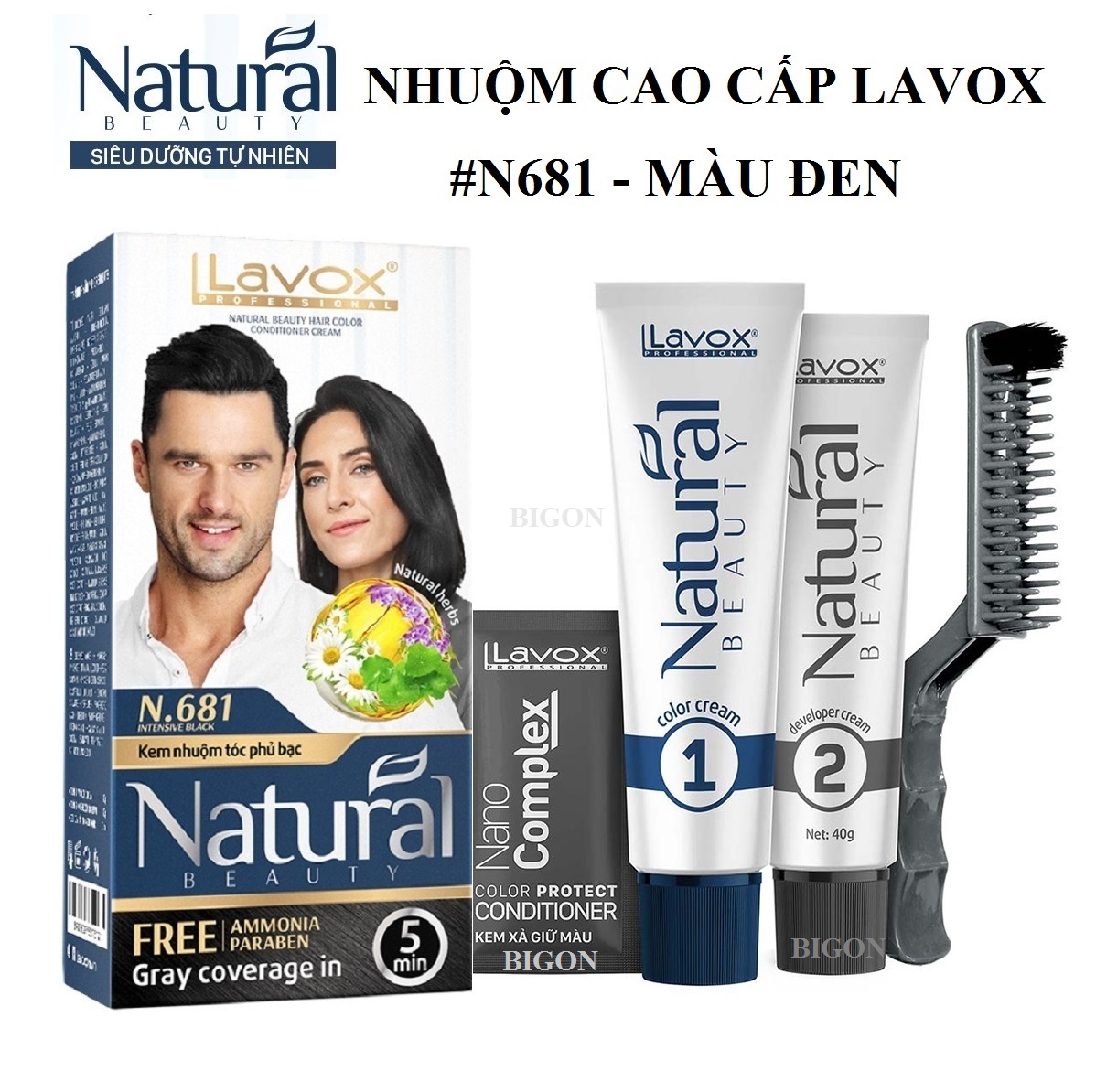 (Màu Đen) Kem Nhuộm Phủ Bạc Cao Cấp Siêu Dưỡng Tự Nhiên Lavox N.681 Intensive Black