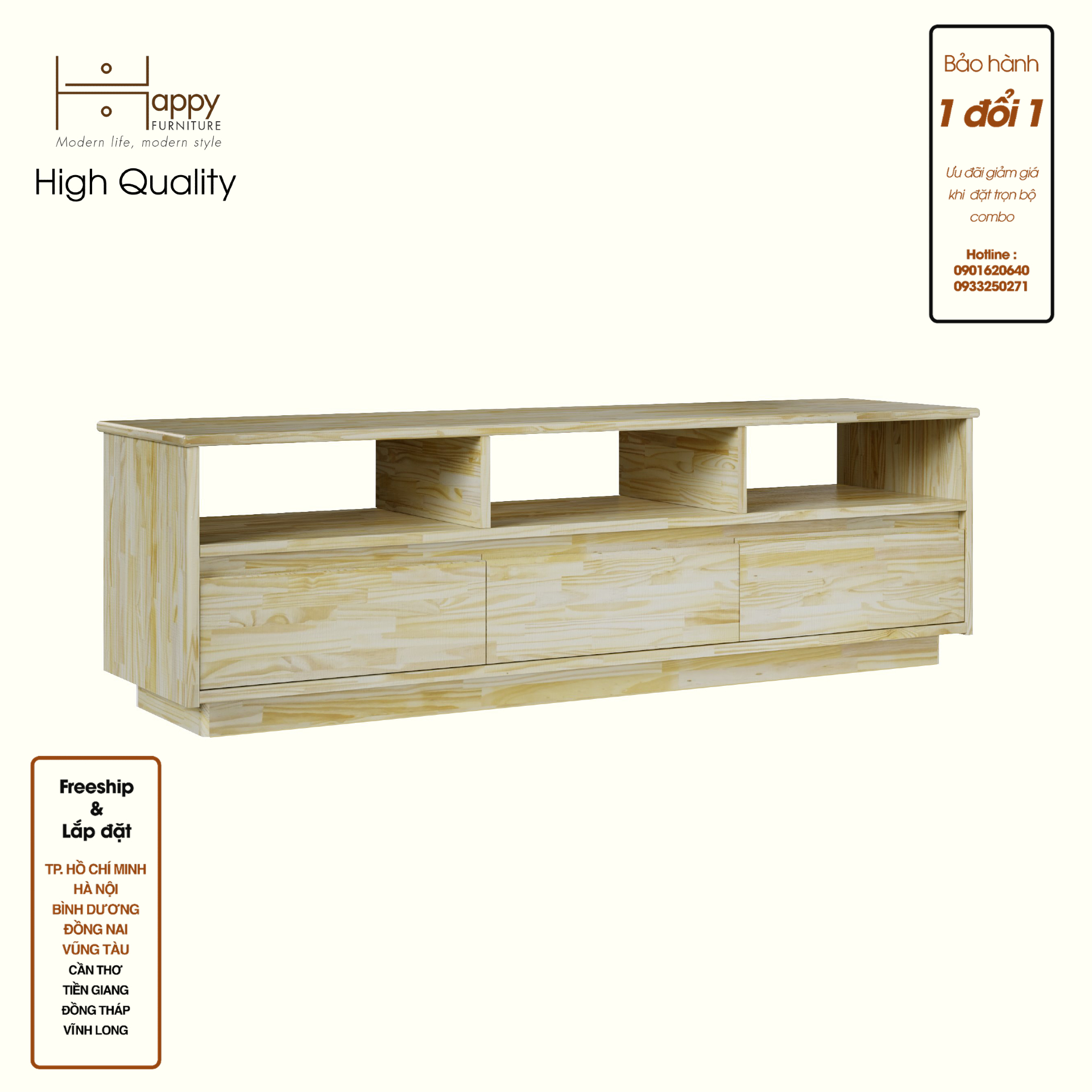 HAPPY FURNITURE , Gỗ tự nhiên , Kệ TV 3 ngăn kéo - GALI , KTV_055 , 150cm x 40cm x 46cm