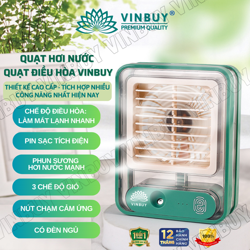 Quạt mini để bàn tích điện cầm tay VinBuy, phun sương hơi nước 3 cấp độ gió, có pin, đèn ngủ, tiện lợi di chuyển mọi nơi - Hàng chính hãng -  Xanh lá