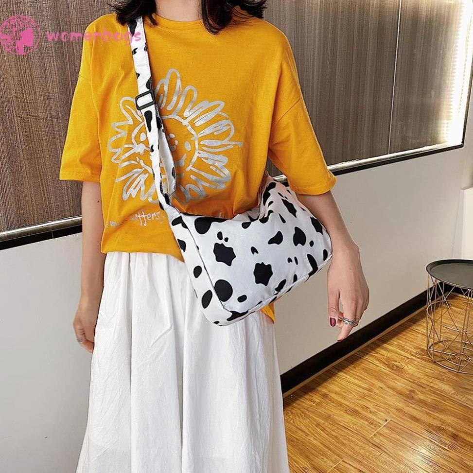 Túi đeo chéo in họa tiết da bò sữa kích thước lớn bằng nylon chống thấm nước thời trang cho nữ