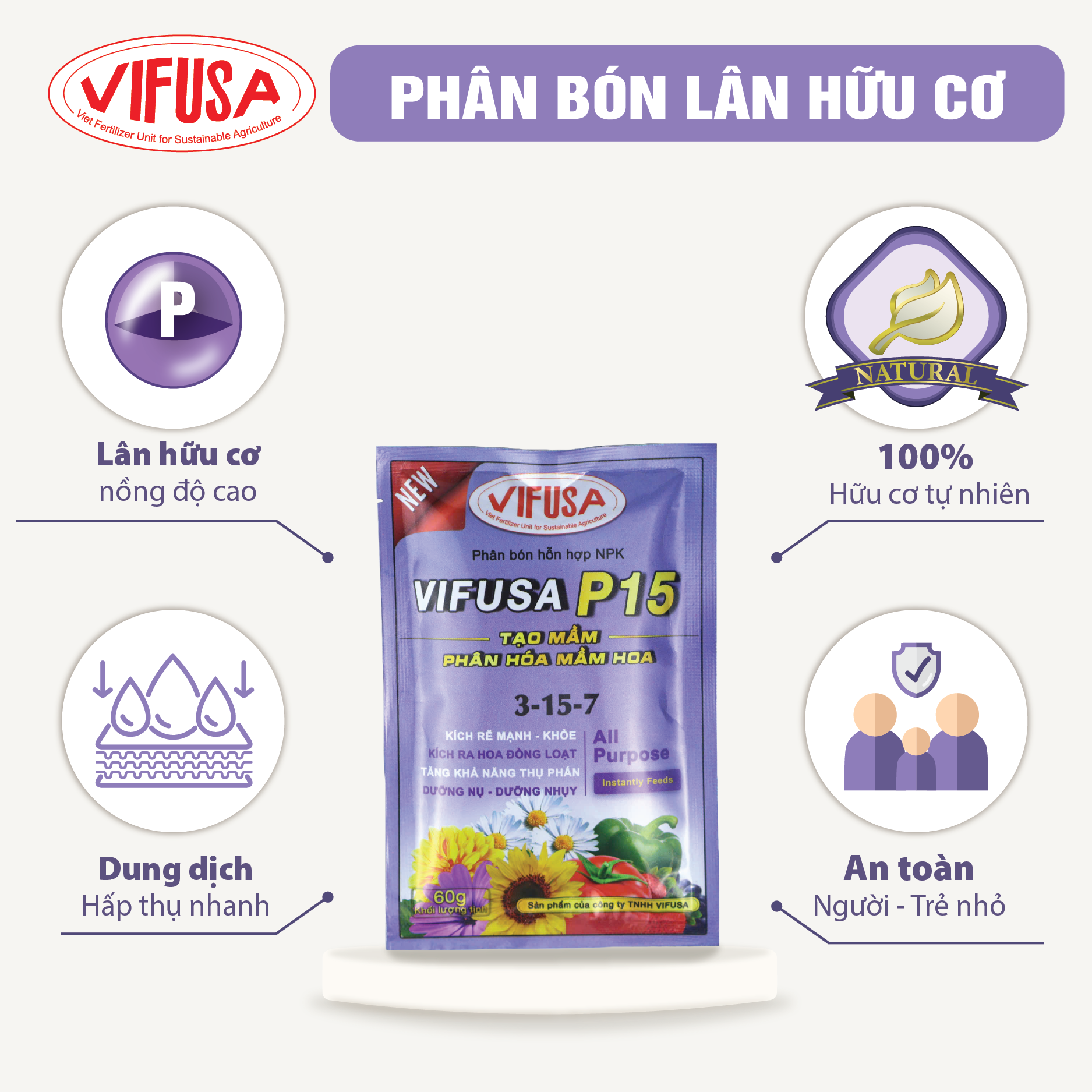 VIFUSA-P15 - Phân bón Lân hữu cơ gói 60g