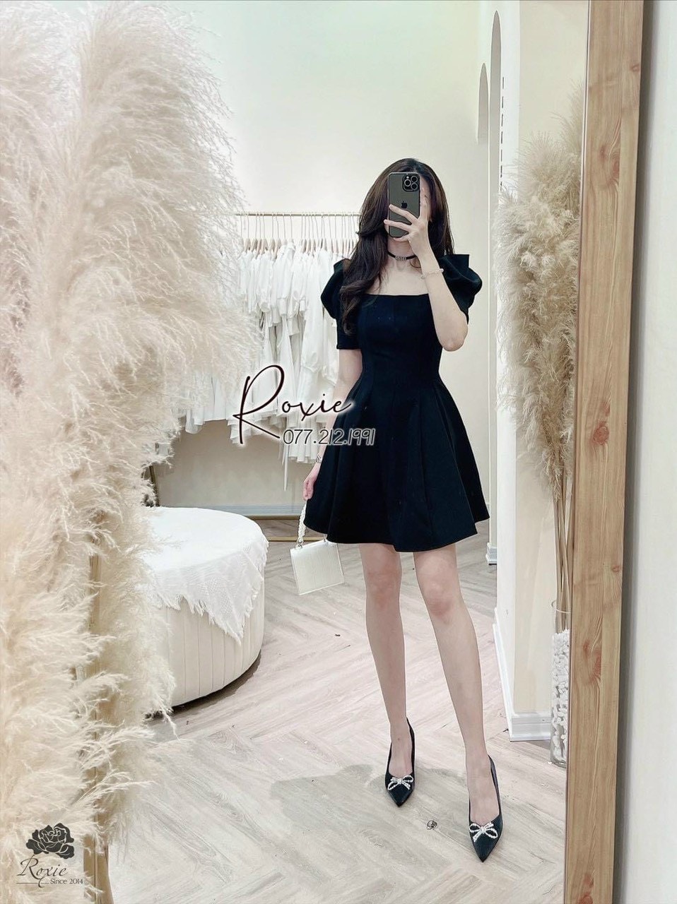 Đầm nữ cộc tay tiểu thư cổ vuông tay bồng, váy xoè dáng ngắn chất nhung cao cấp