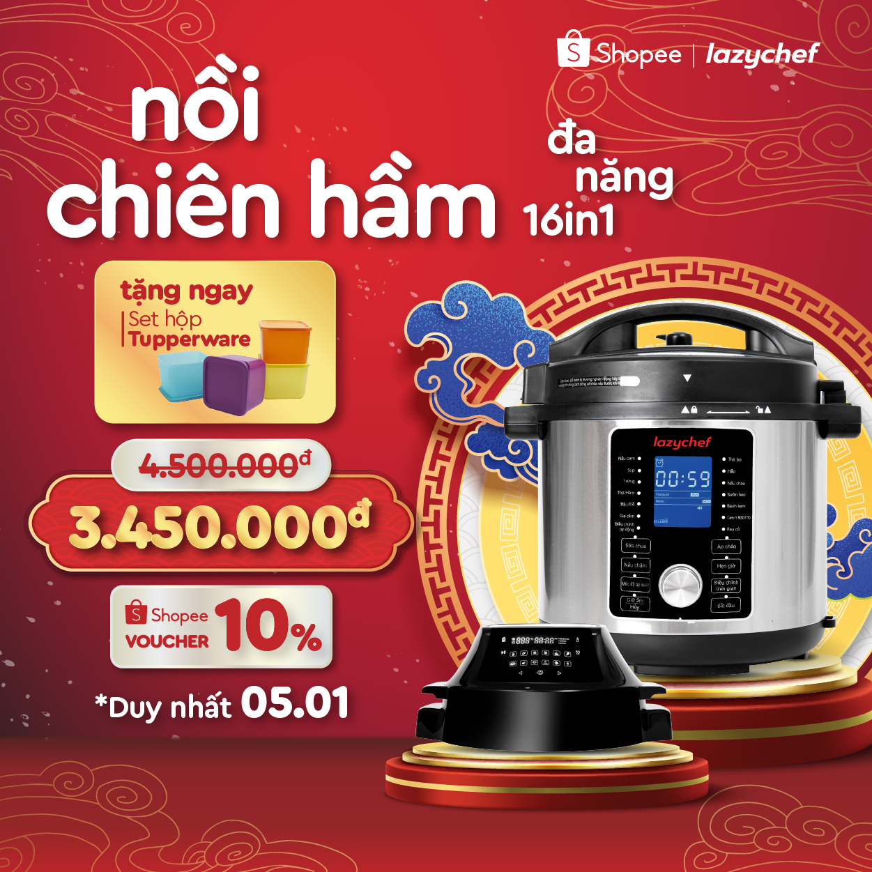 Nồi Chiên Hầm Lazychef 16IN1 - Nồi Áp Suất Cao Cấp Kiêm Nồi Chiên Không Dầu Dung Tích Lớn, Thay Thế Mọi Thiết Bị Nhà Bếp, Hàng Chính Hãng