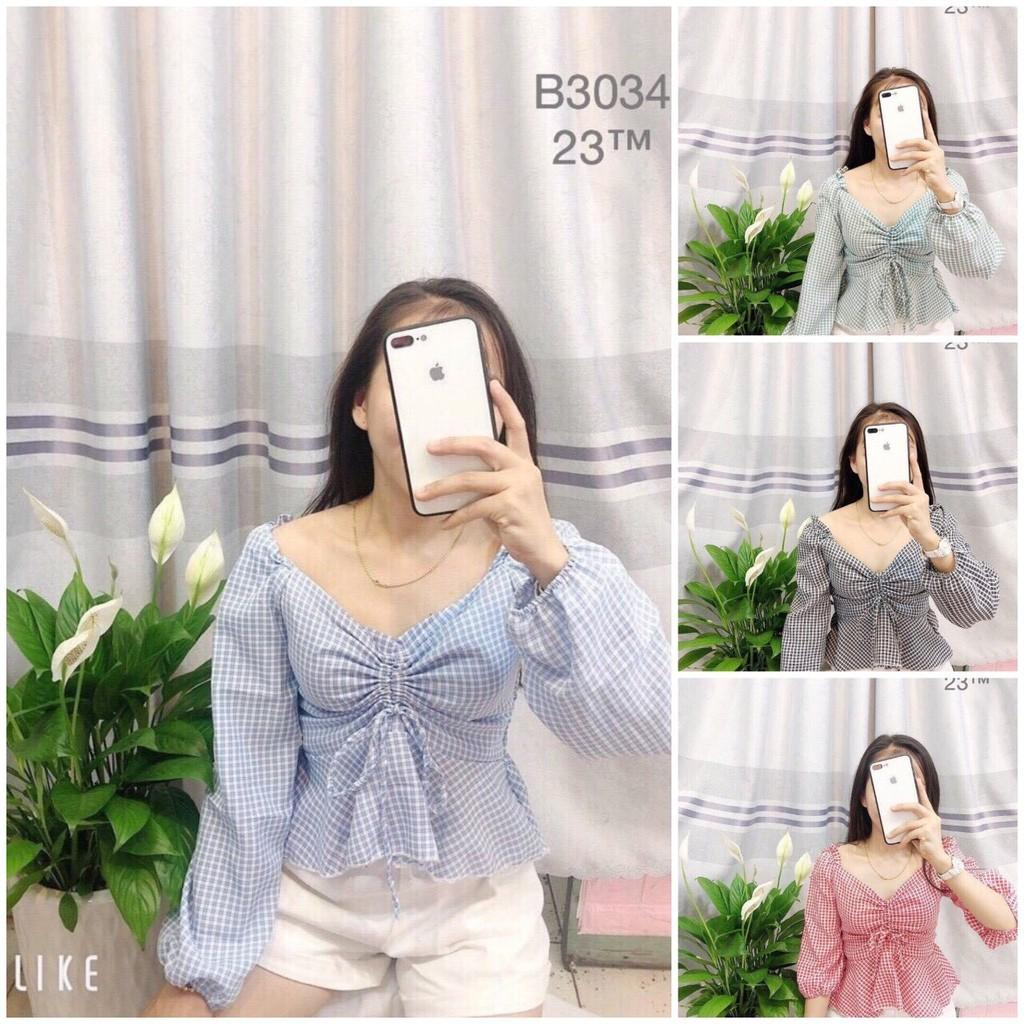 Áo Kiểu Nữ Sọc Cổ V Gia Công Tay Phồng Gợi Cảm (4 màu lựa chọn)