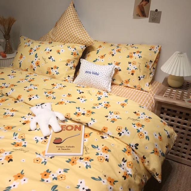 Set Ga Gối Hàng Nhập Khẩu Nguyên Set 4 Món Cao Cấp Màu Vintage Hoa Nhí Vàng